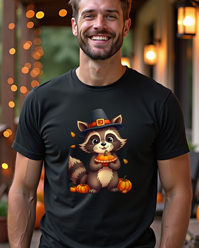 Waschbär mit Pilgerhut und Kürbiskuchen – ohne Text – T-Shirt