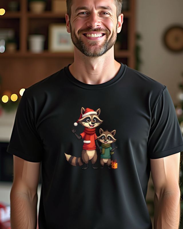 Waschbär-Papa mit Kind zu Weihnachten – Cartoon ohne Text – T-Shirt