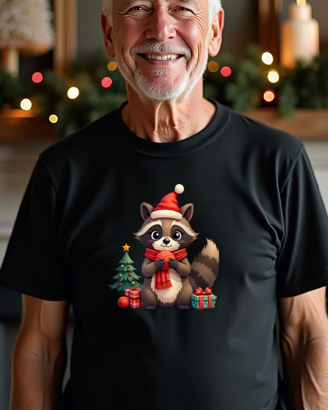 Christmas Knitting Raccoon in a Santa Hat β No Text β T-Shirt