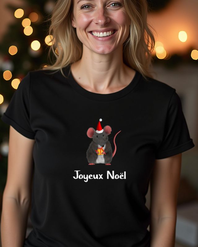 Christmas Mouse with Present - Joyeux Noël Rat Design – T-Shirt