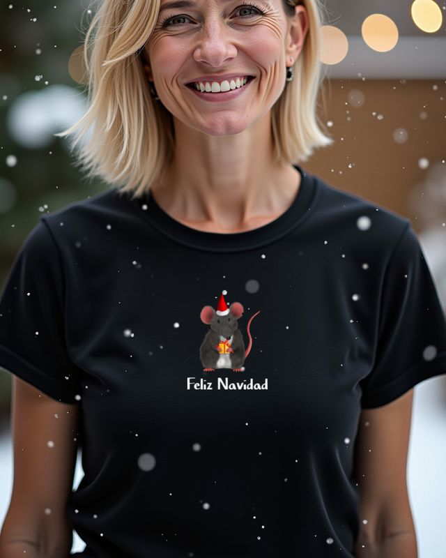 Weihnachtsratte mit Geschenk Feliz Navidad - Maus Motiv – T-Shirt